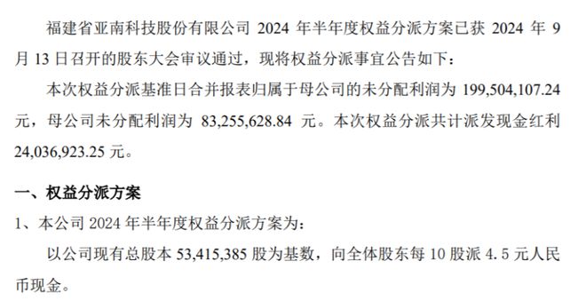 亚南股份2024年半年度权益分派每10股派现45元 共计派发现金红利240369万元kaiyun中国官方网站(图1)